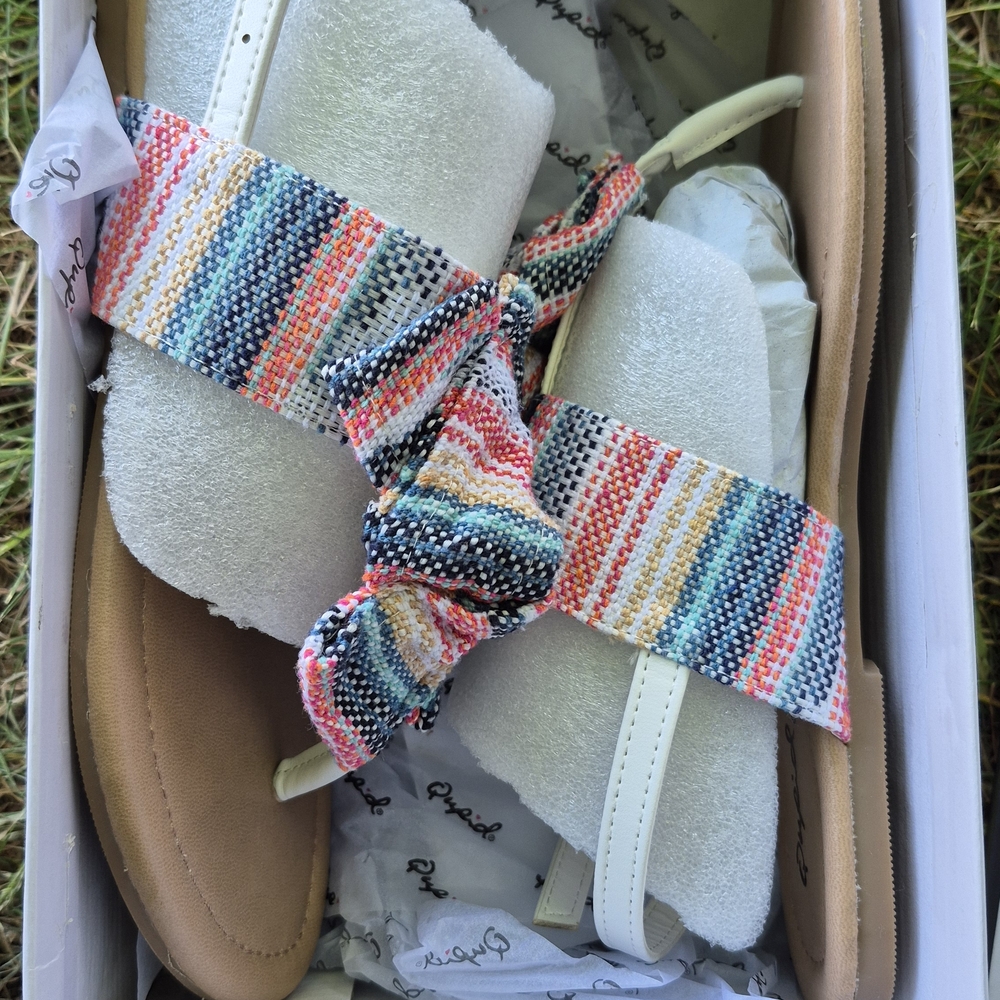 Qupid Blue and Pink Fabric Sandals